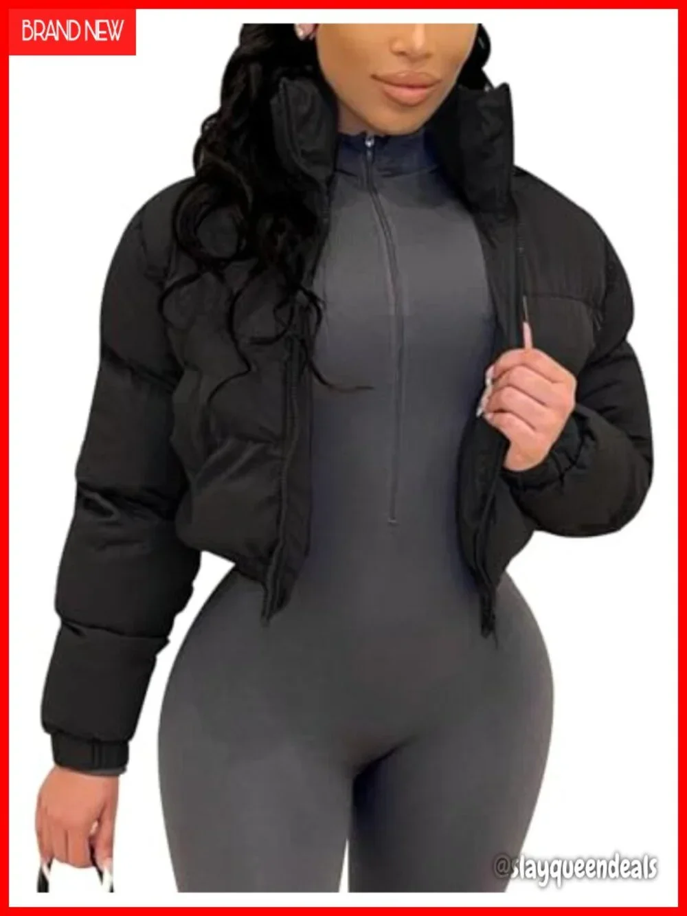 Cropped Puffer Jacket Short Winter Warm Coat Padded Puffy Quilted Zip Up Stand